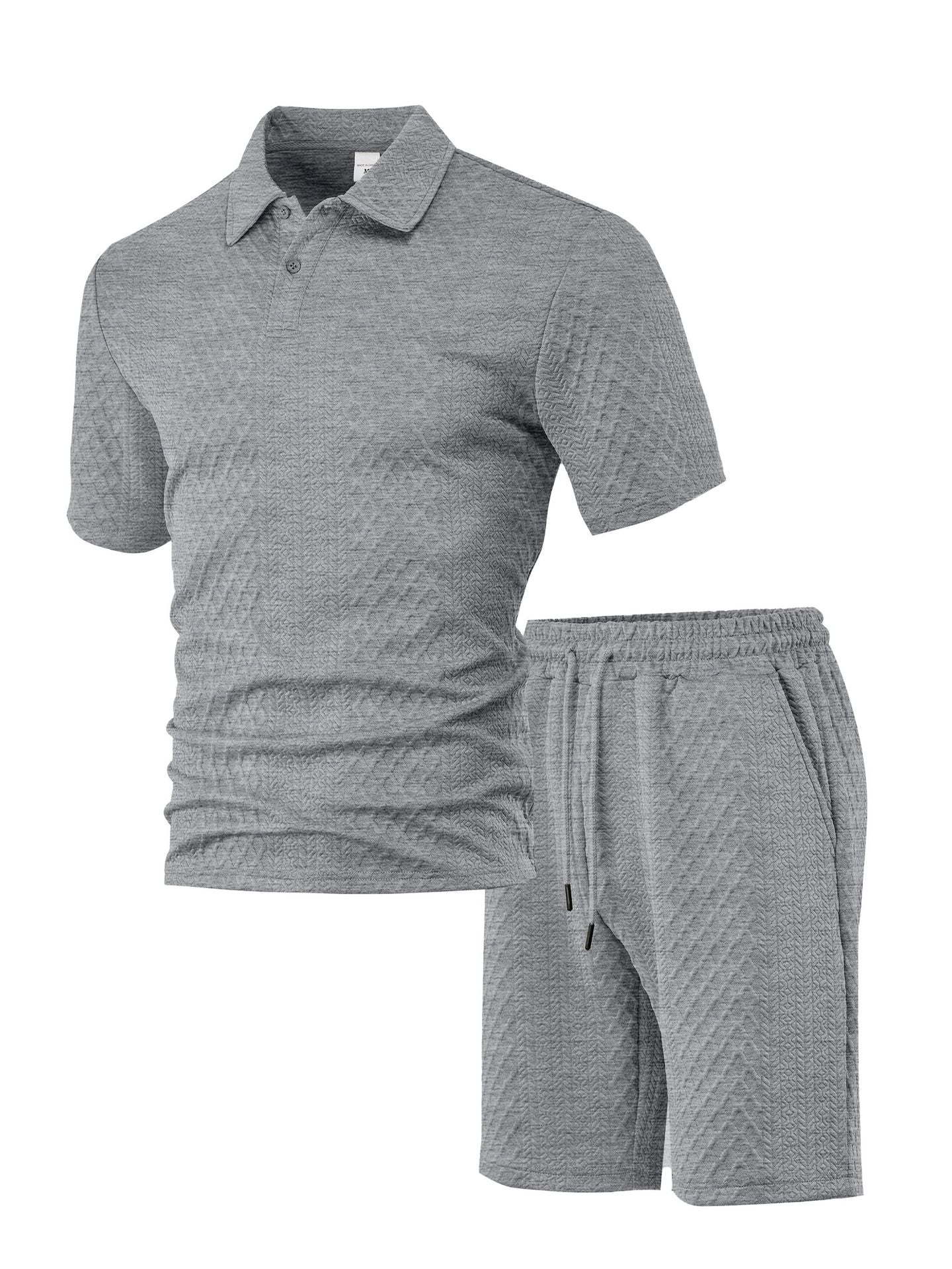 Matching Knit Polo Set with Button Placket and Drawstring Shorts