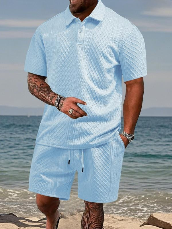 Matching Knit Polo Set with Button Placket and Drawstring Shorts
