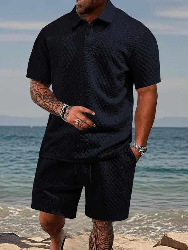 Matching Knit Polo Set with Button Placket and Drawstring Shorts