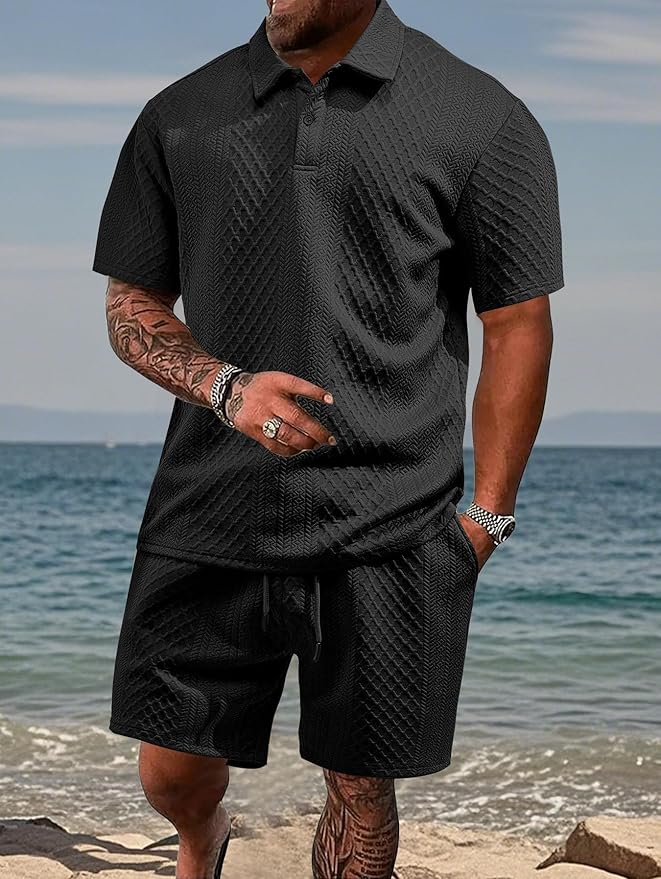 Matching Knit Polo Set with Button Placket and Drawstring Shorts