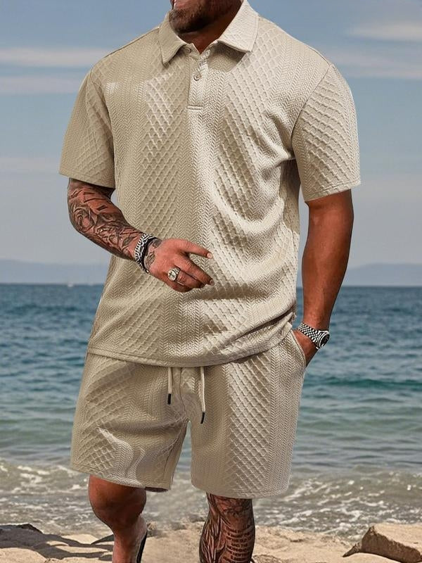 Matching Knit Polo Set with Button Placket and Drawstring Shorts