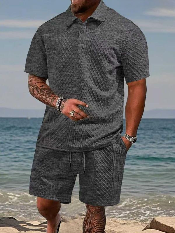 Matching Knit Polo Set with Button Placket and Drawstring Shorts
