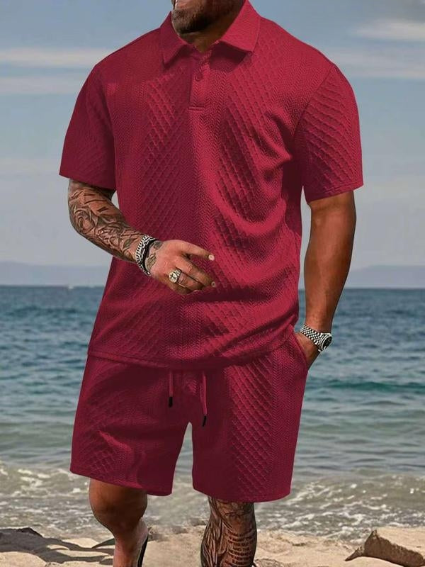 Matching Knit Polo Set with Button Placket and Drawstring Shorts