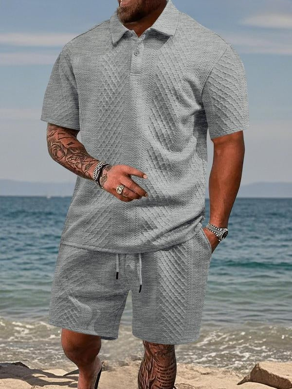 Matching Knit Polo Set with Button Placket and Drawstring Shorts
