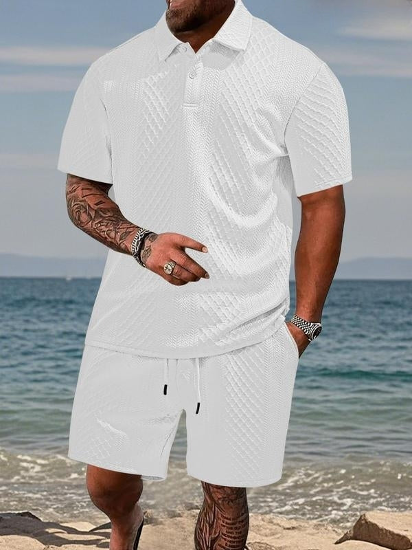 Matching Knit Polo Set with Button Placket and Drawstring Shorts