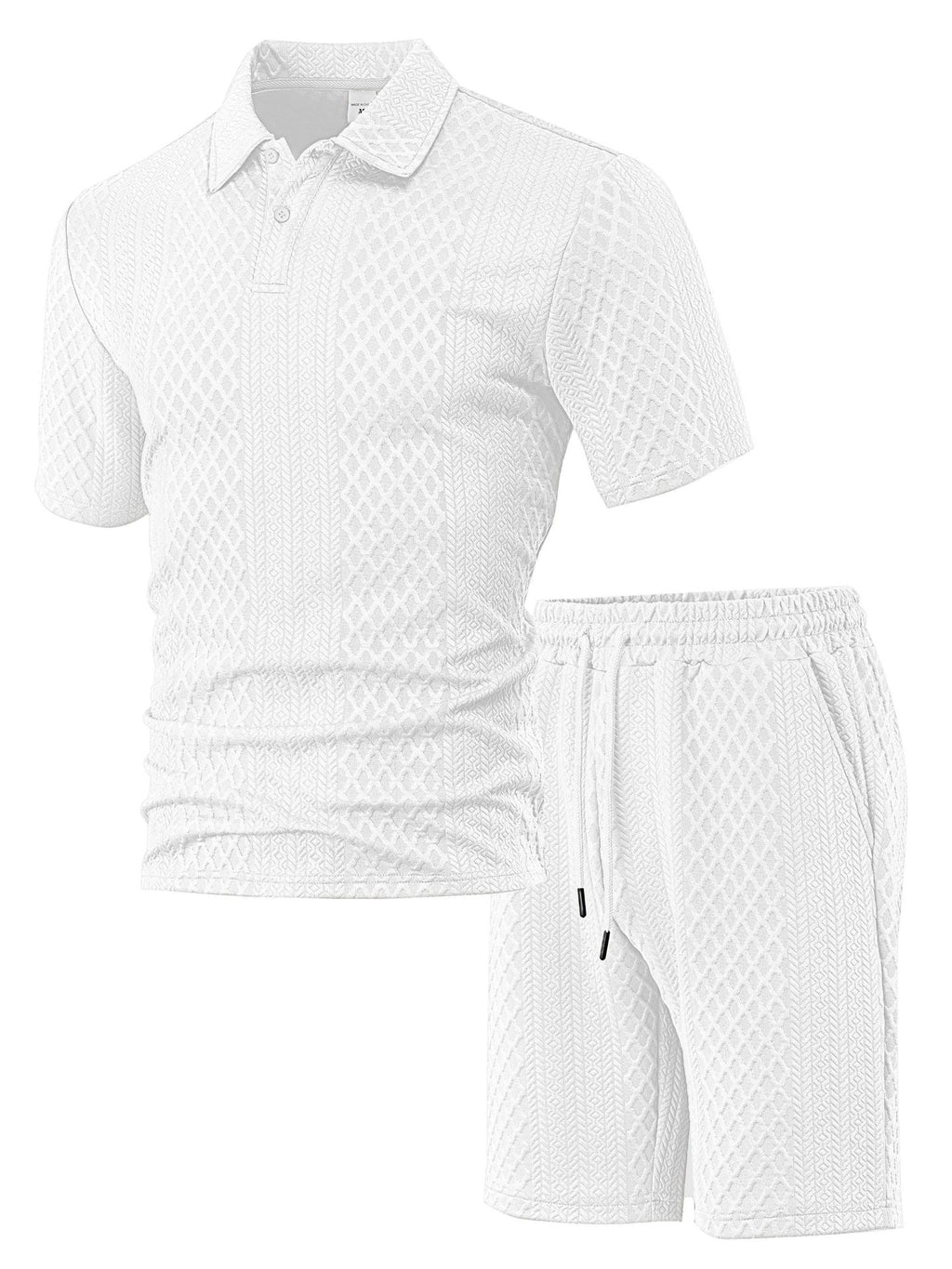 Matching Knit Polo Set with Button Placket and Drawstring Shorts