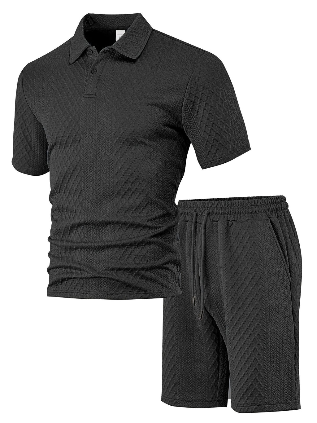Matching Knit Polo Set with Button Placket and Drawstring Shorts