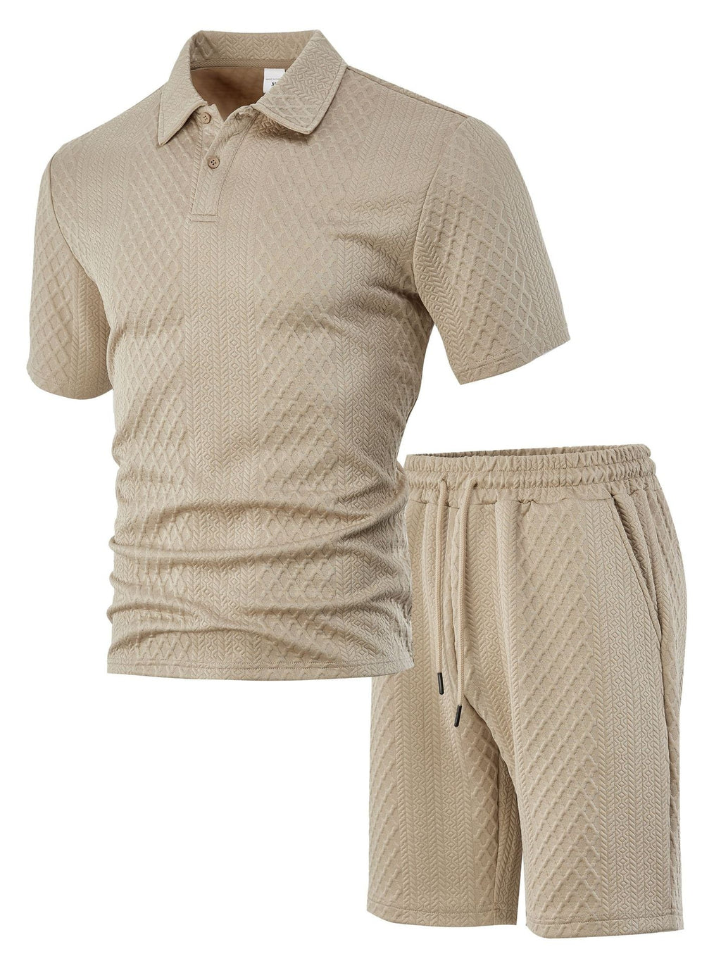 Matching Knit Polo Set with Button Placket and Drawstring Shorts