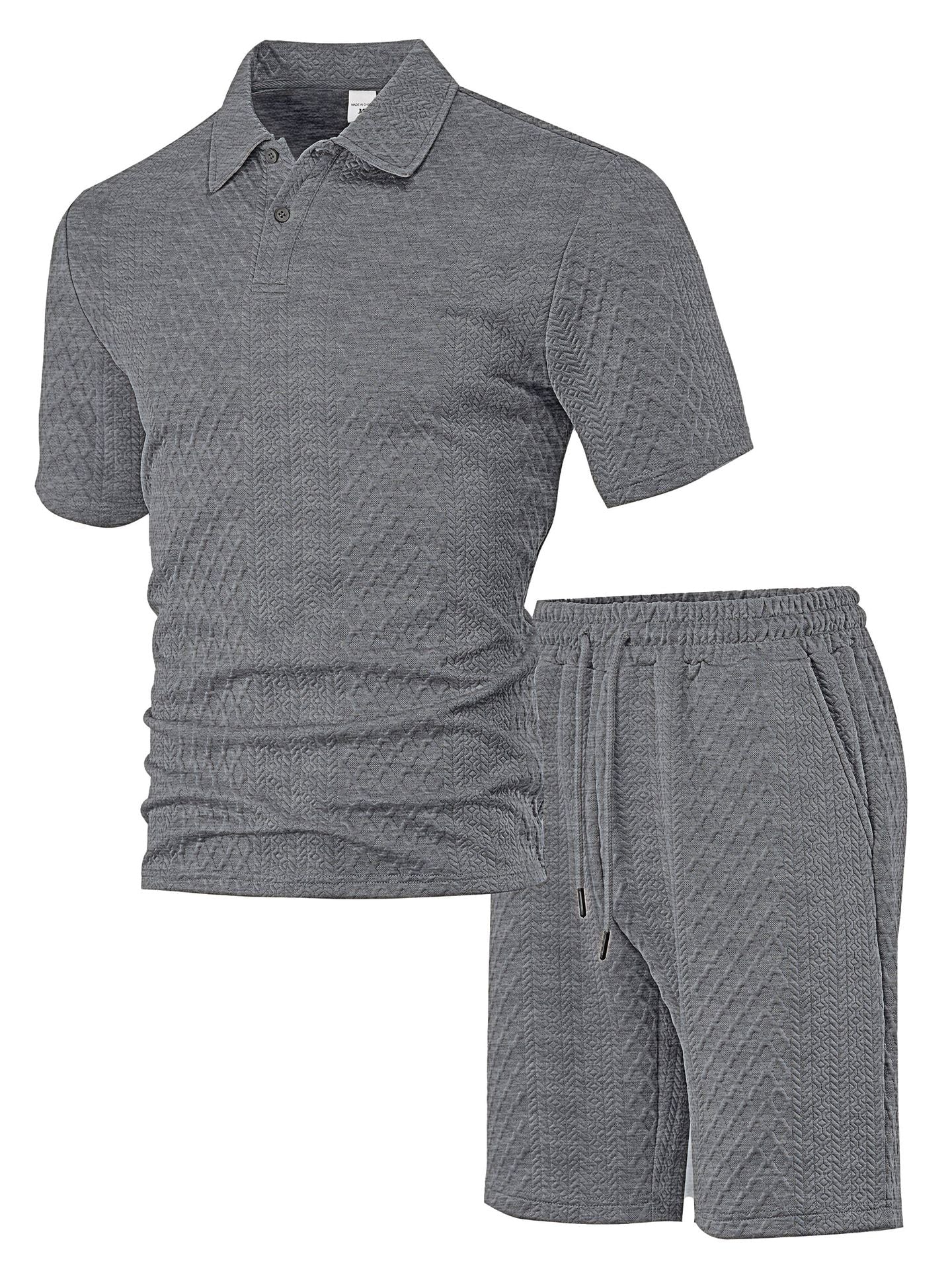 Matching Knit Polo Set with Button Placket and Drawstring Shorts