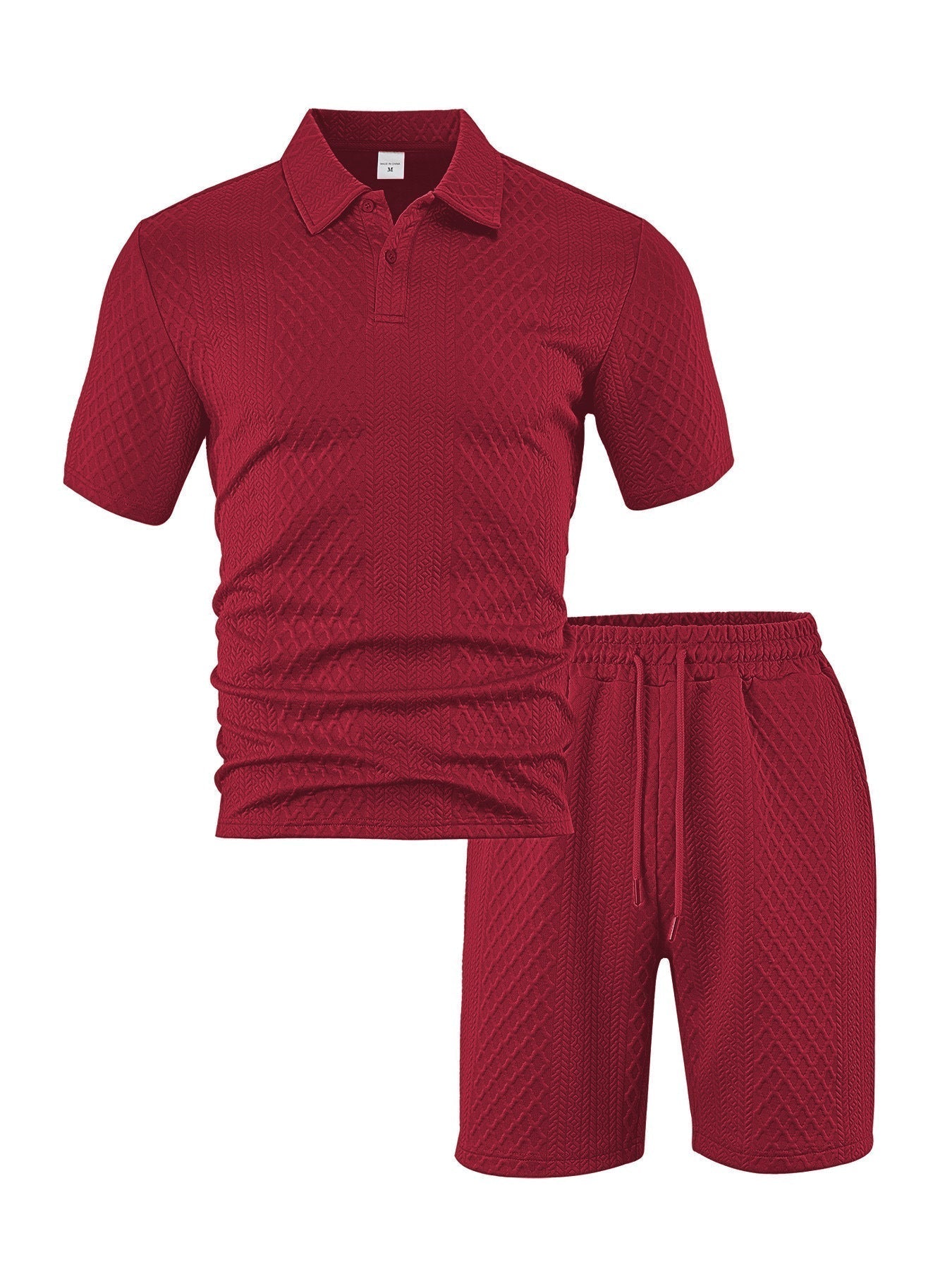 Matching Knit Polo Set with Button Placket and Drawstring Shorts