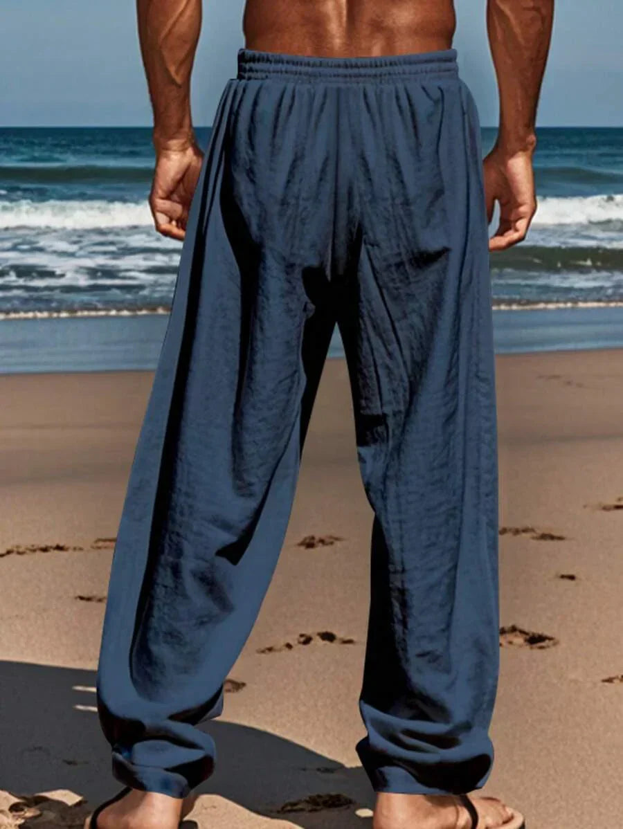 Men's Casual Linen Pants with Drawstring Waist and Slant Pockets