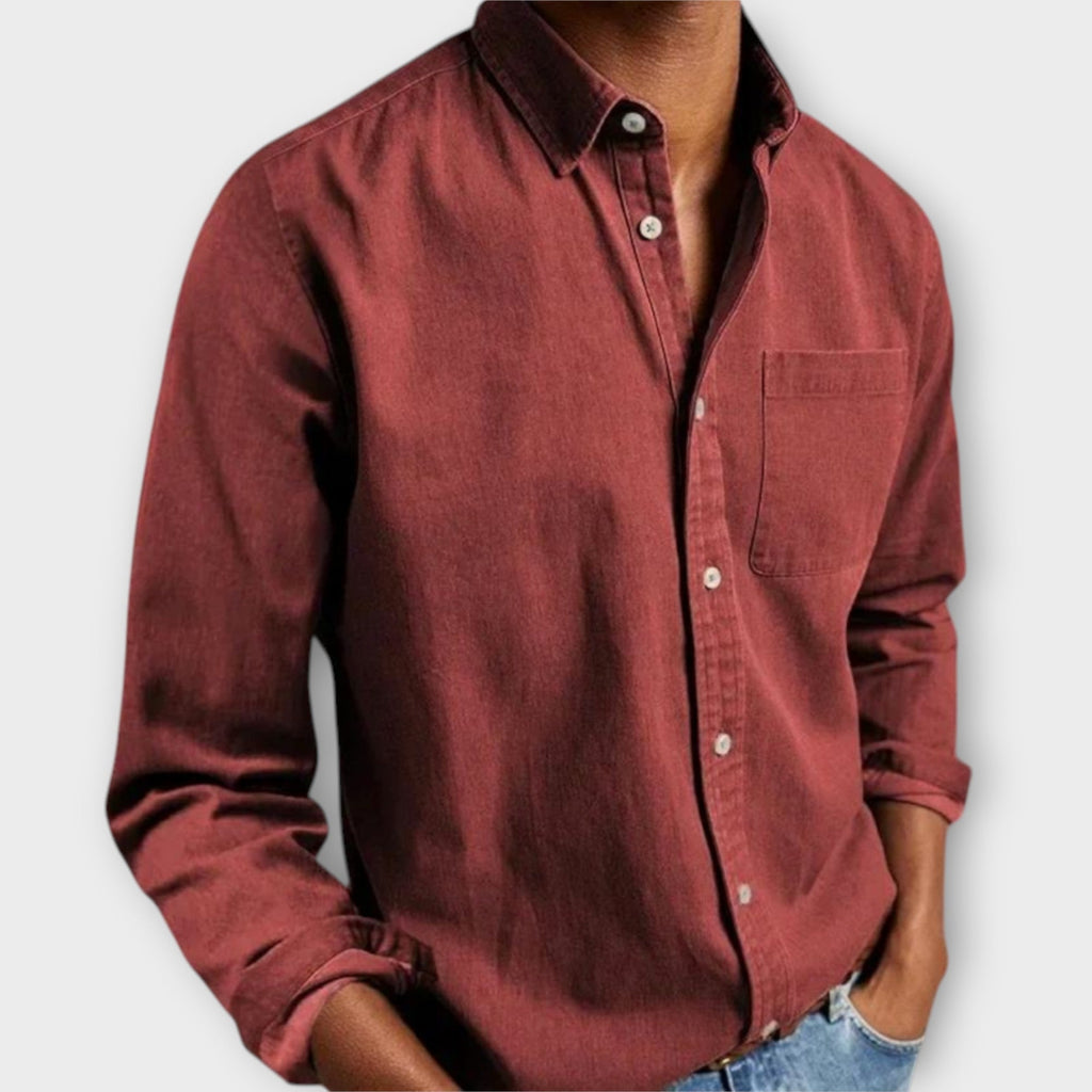 Men's Casual Woven Button-Up Shirt with Point Collar and Chest Pocket