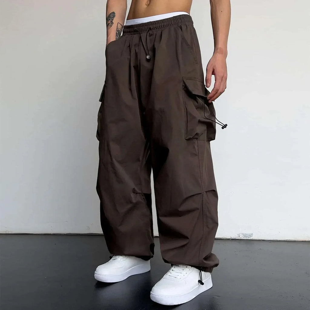 Men's Casual Woven Cargo Pants with Drawstring and Toggle Cuffs