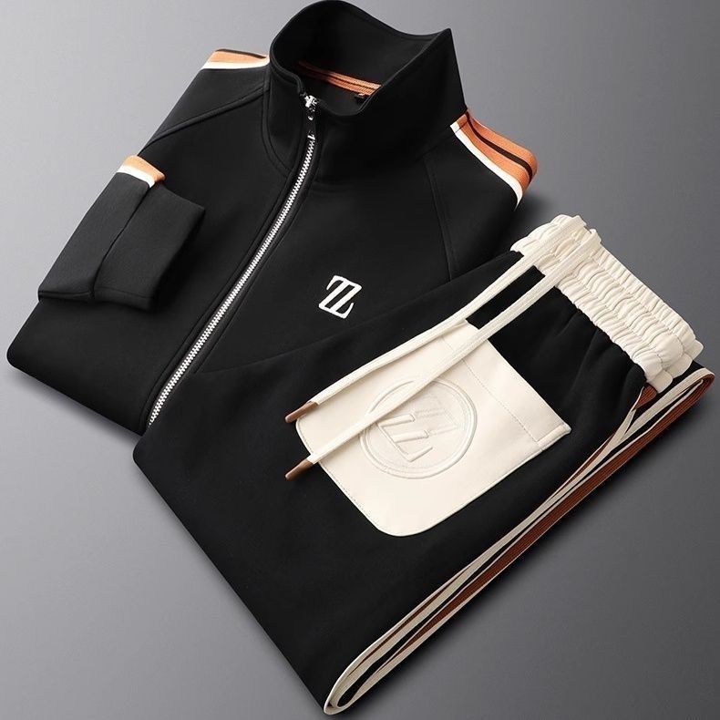 Men's Knit Tracksuit Set with Zip Jacket and Side Stripes