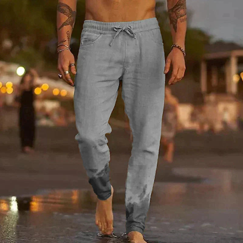 Men's Linen Blend Pants with Drawstring Waist and Gathered Ankles