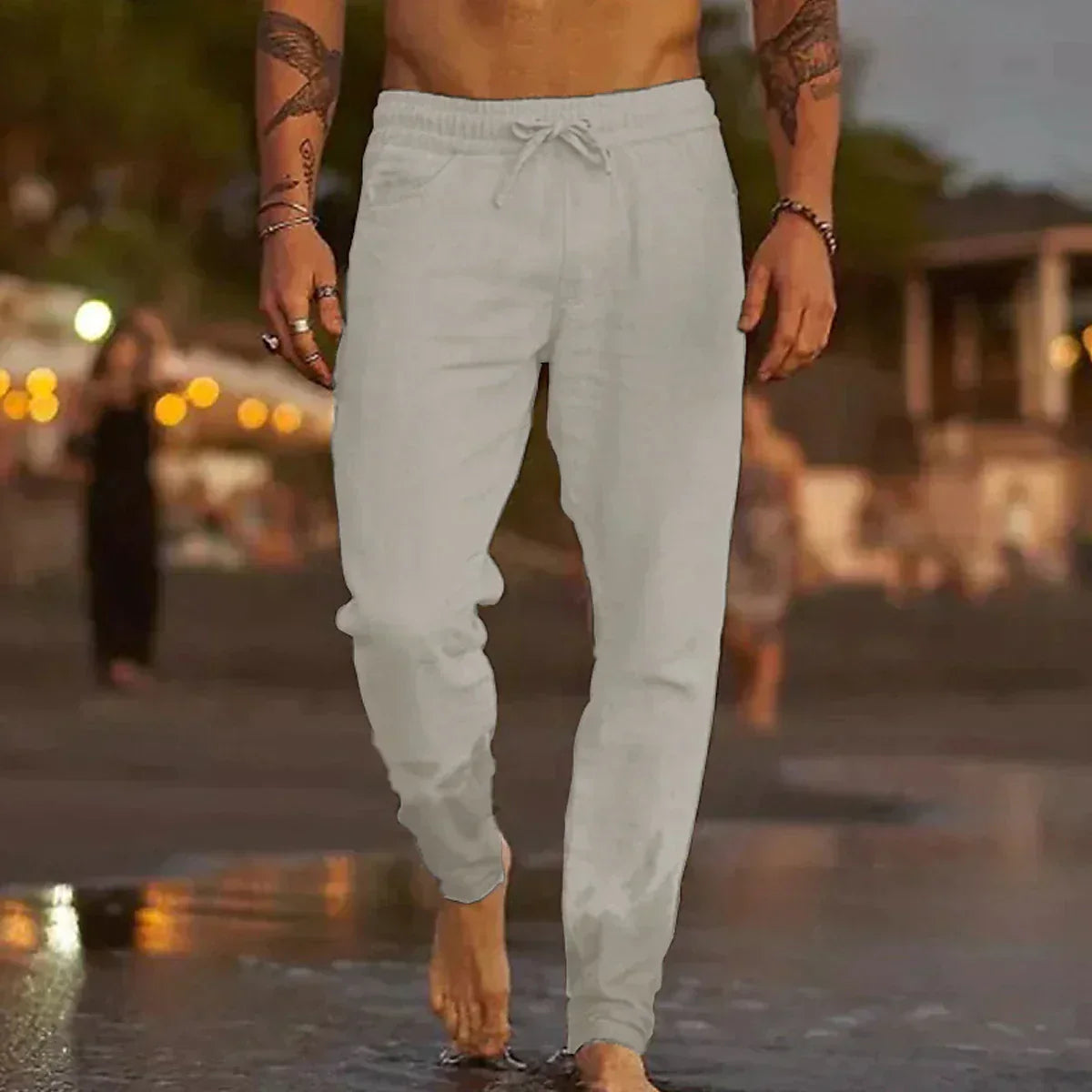 Men's Linen Blend Pants with Drawstring Waist and Gathered Ankles