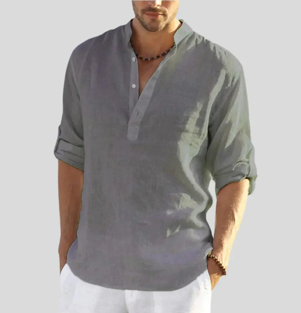Men's Linen Shirt with Band Collar and Half Placket