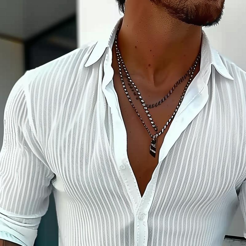 Men's Striped Long-Sleeve Shirt with Lapel Collar