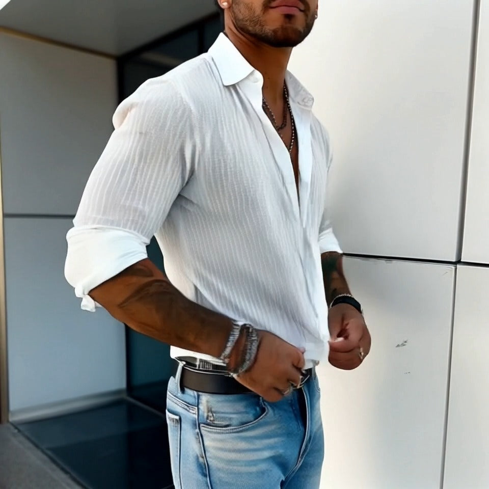 Men's Striped Long-Sleeve Shirt with Lapel Collar