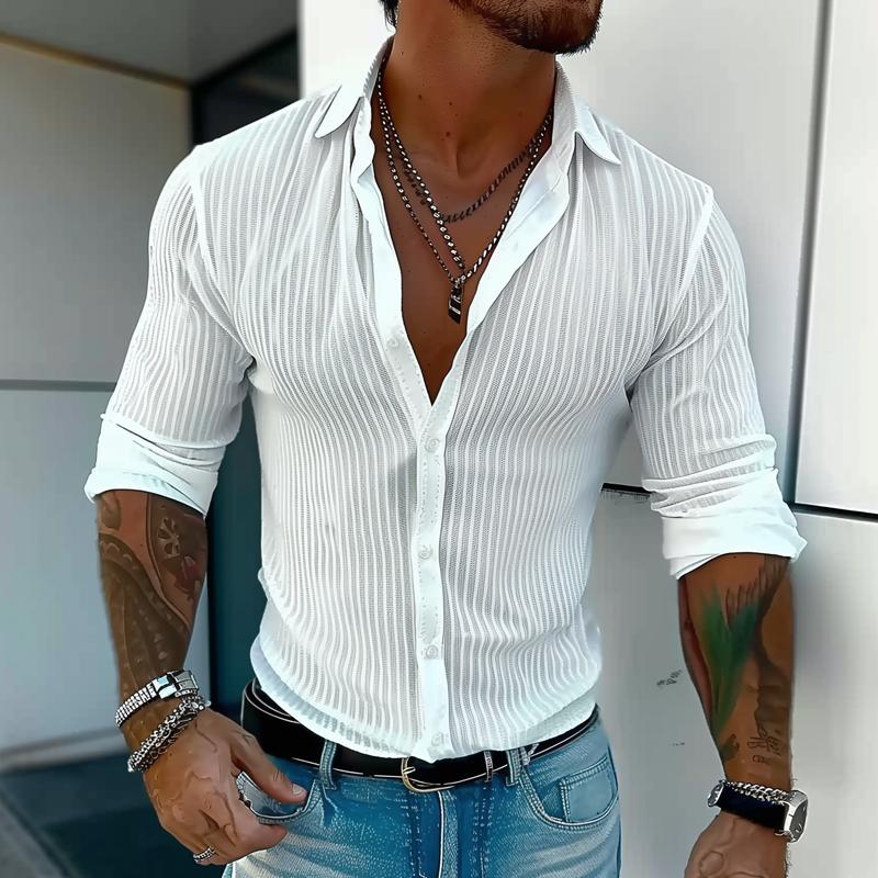 Men's Striped Long-Sleeve Shirt with Lapel Collar