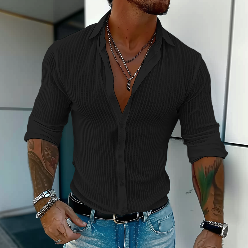 Men's Striped Long-Sleeve Shirt with Lapel Collar