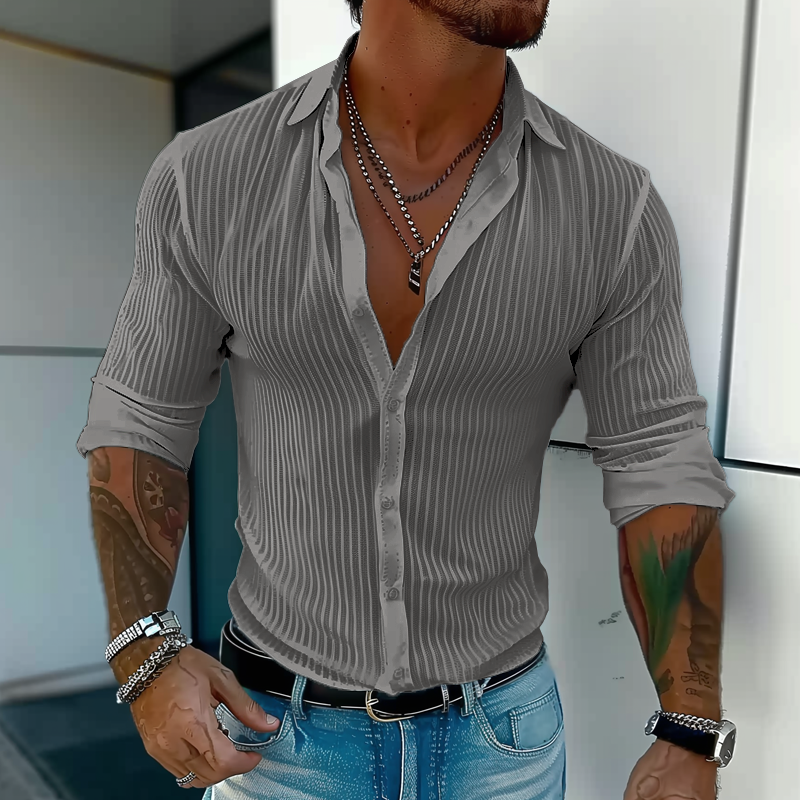 Men's Striped Long-Sleeve Shirt with Lapel Collar