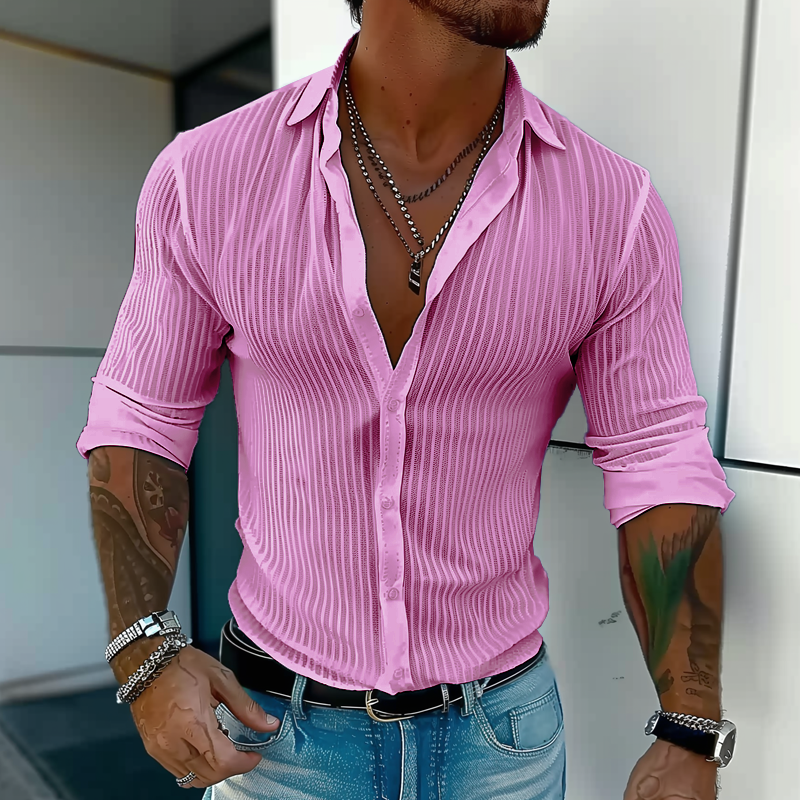 Men's Striped Long-Sleeve Shirt with Lapel Collar
