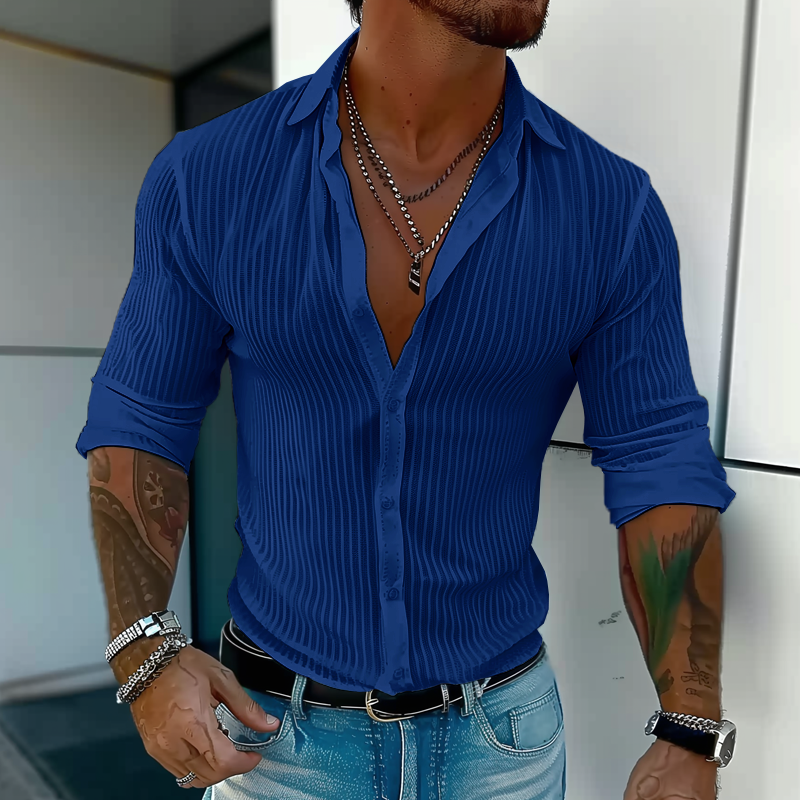 Men's Striped Long-Sleeve Shirt with Lapel Collar