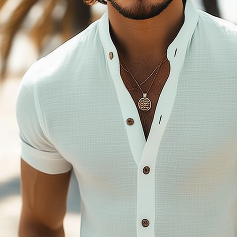 Men's Textured Short-Sleeve Shirt with Stand Collar