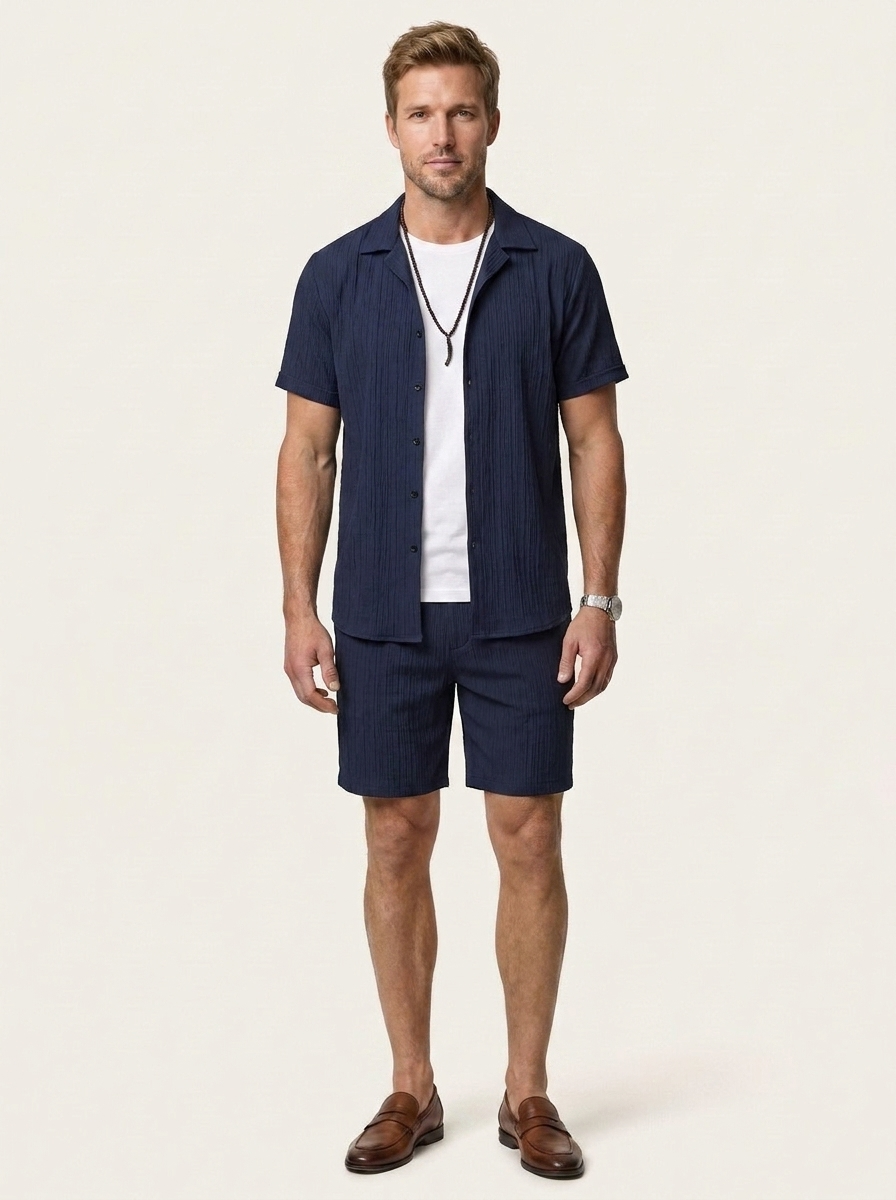 Men's Navy Blue 2-Piece Set - Short Sleeve Button-Down Shirt and Drawstring Shorts