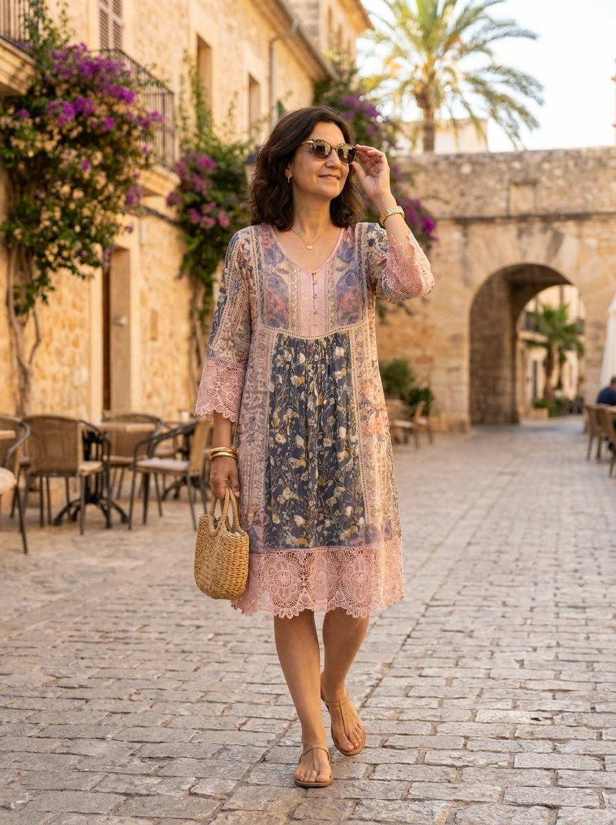 Naya | Women’s Boho Floral Lace Dress with Button Detail