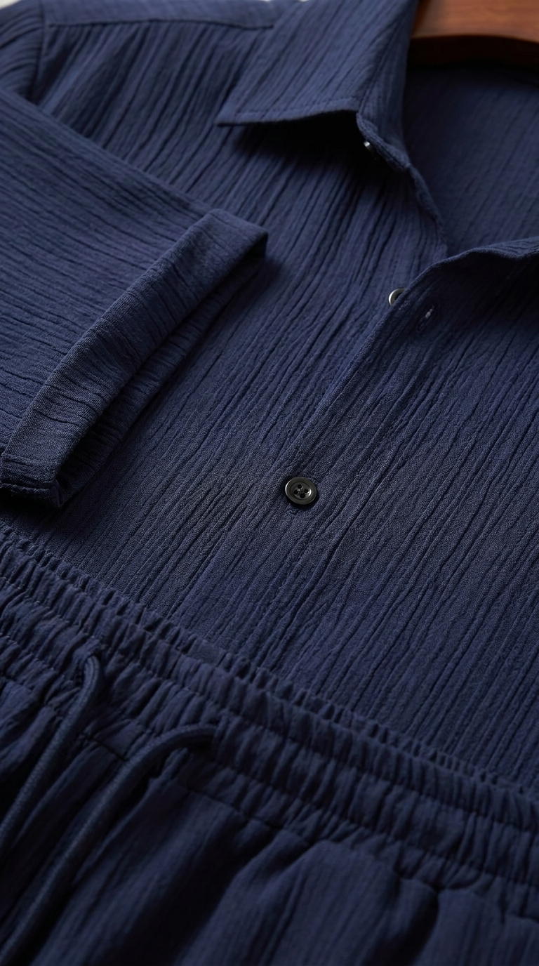 Men's Navy Blue 2-Piece Set - Short Sleeve Button-Down Shirt and Drawstring Shorts