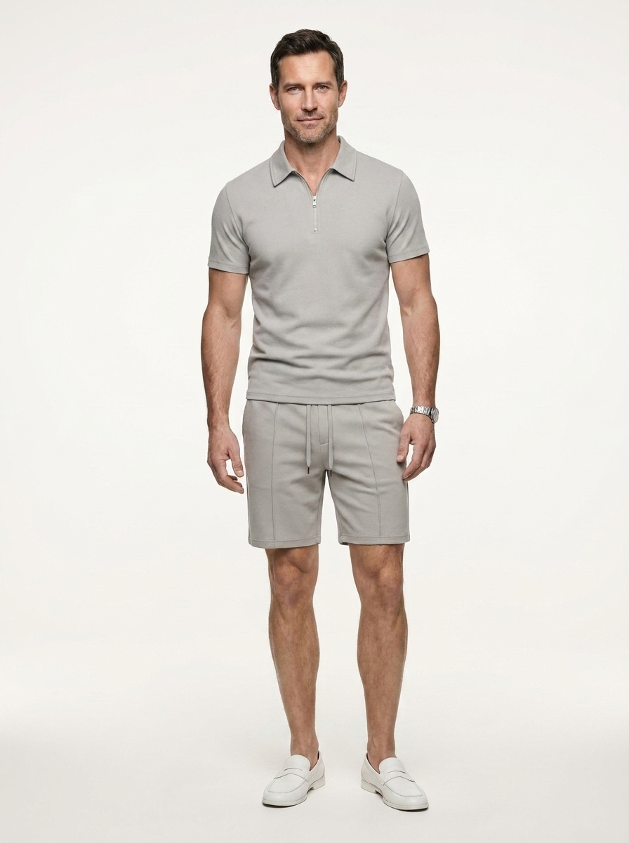 Men's 2-Piece Set - Quarter-Zip Polo Shirt and Drawstring Shorts