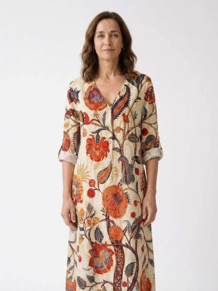 Aria | Women’s Vintage Abstract Linen Dress with Pockets