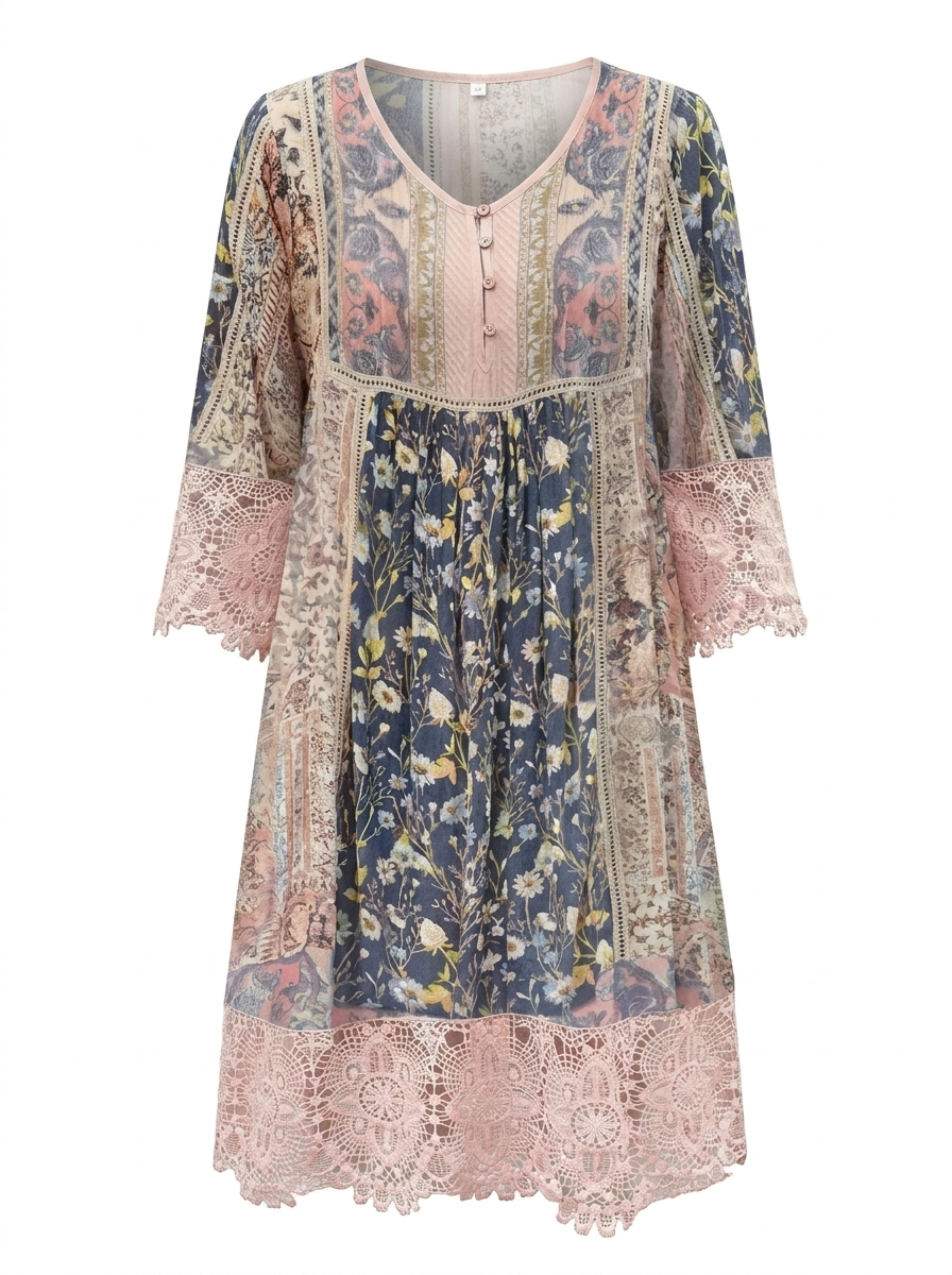 Naya | Women’s Boho Floral Lace Dress with Button Detail