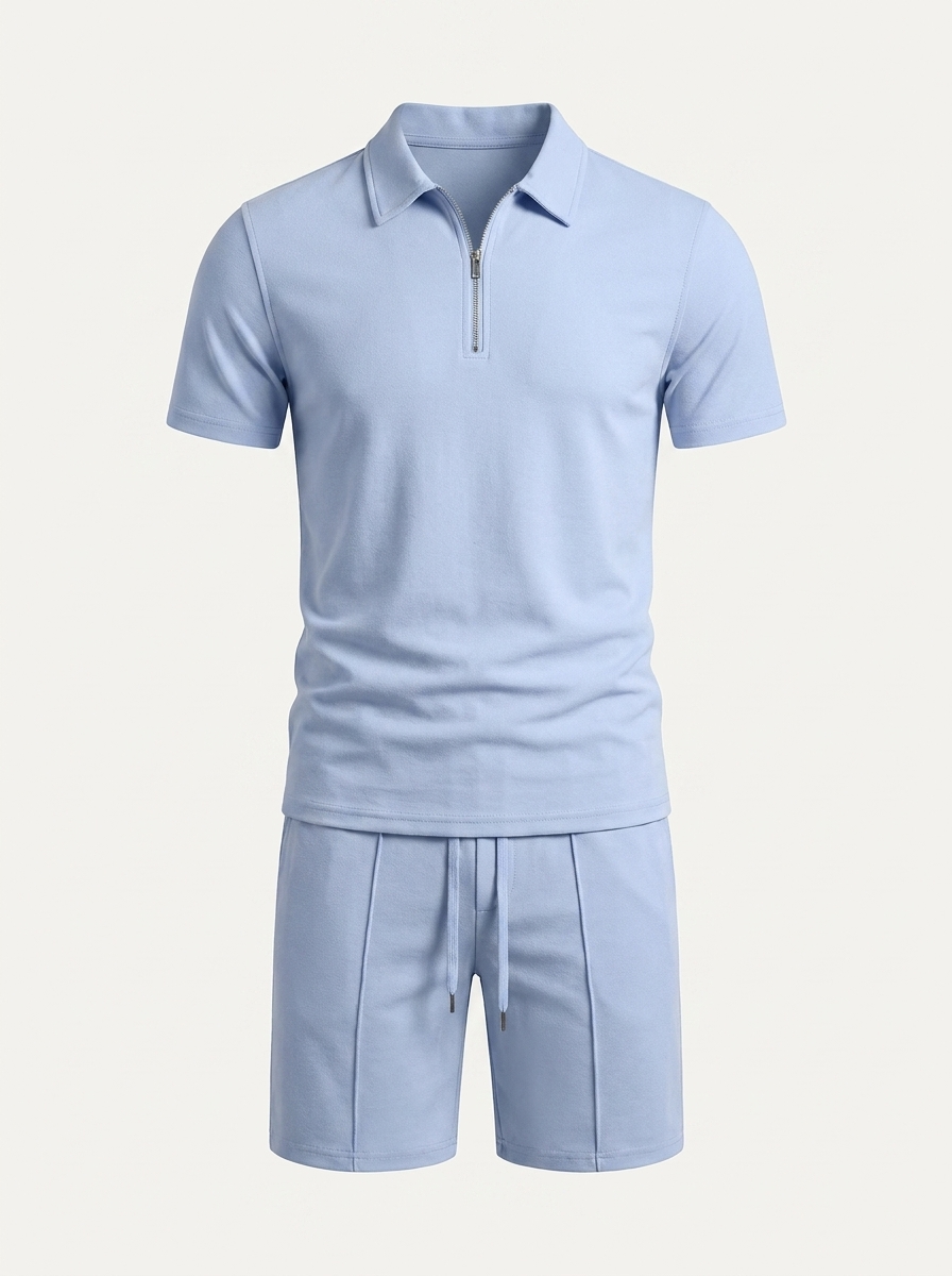 Men's 2-Piece Set - Quarter-Zip Polo Shirt and Drawstring Shorts