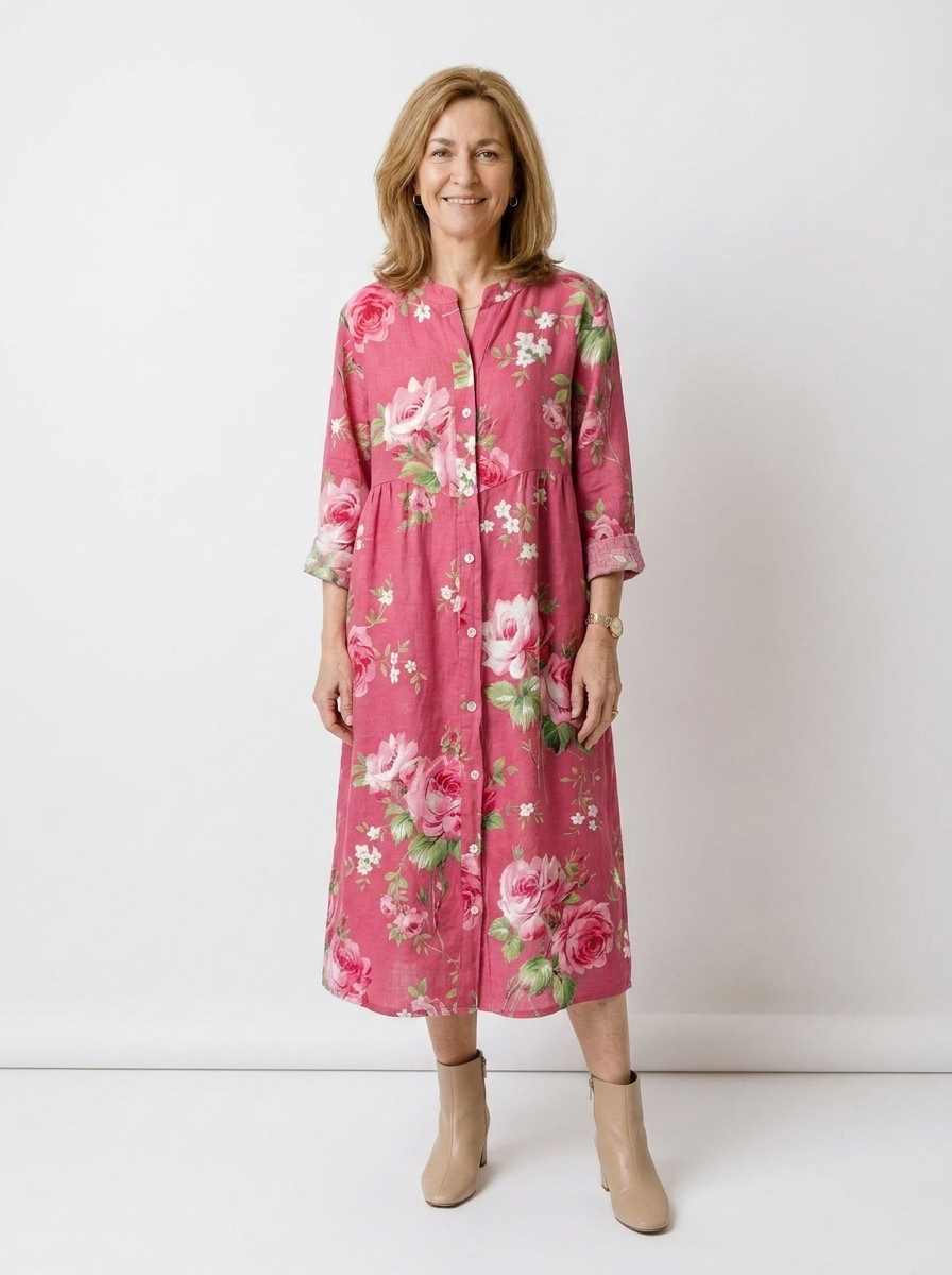 Maddie | Women’s Floral Cotton V-Neck Dress with 3/4 Sleeves & Pockets