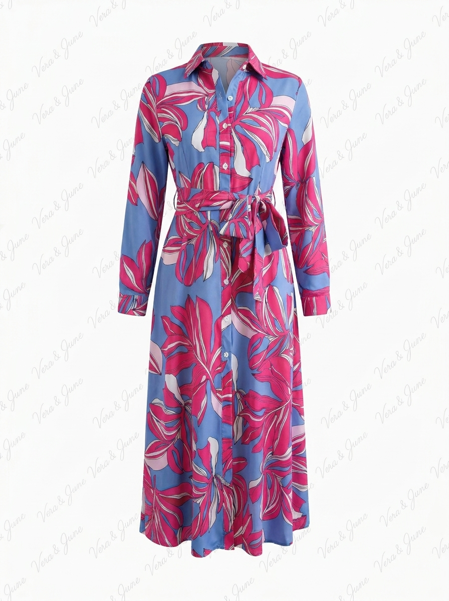 Lala | Women’s Floral Button-Down Maxi Shirt Dress with Waist Tie