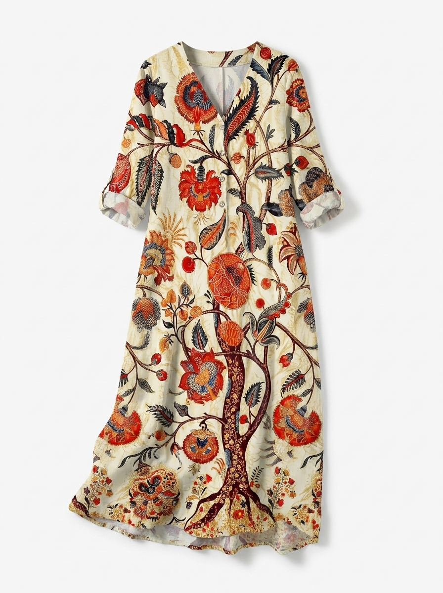 Aria | Women’s Vintage Abstract Linen Dress with Pockets