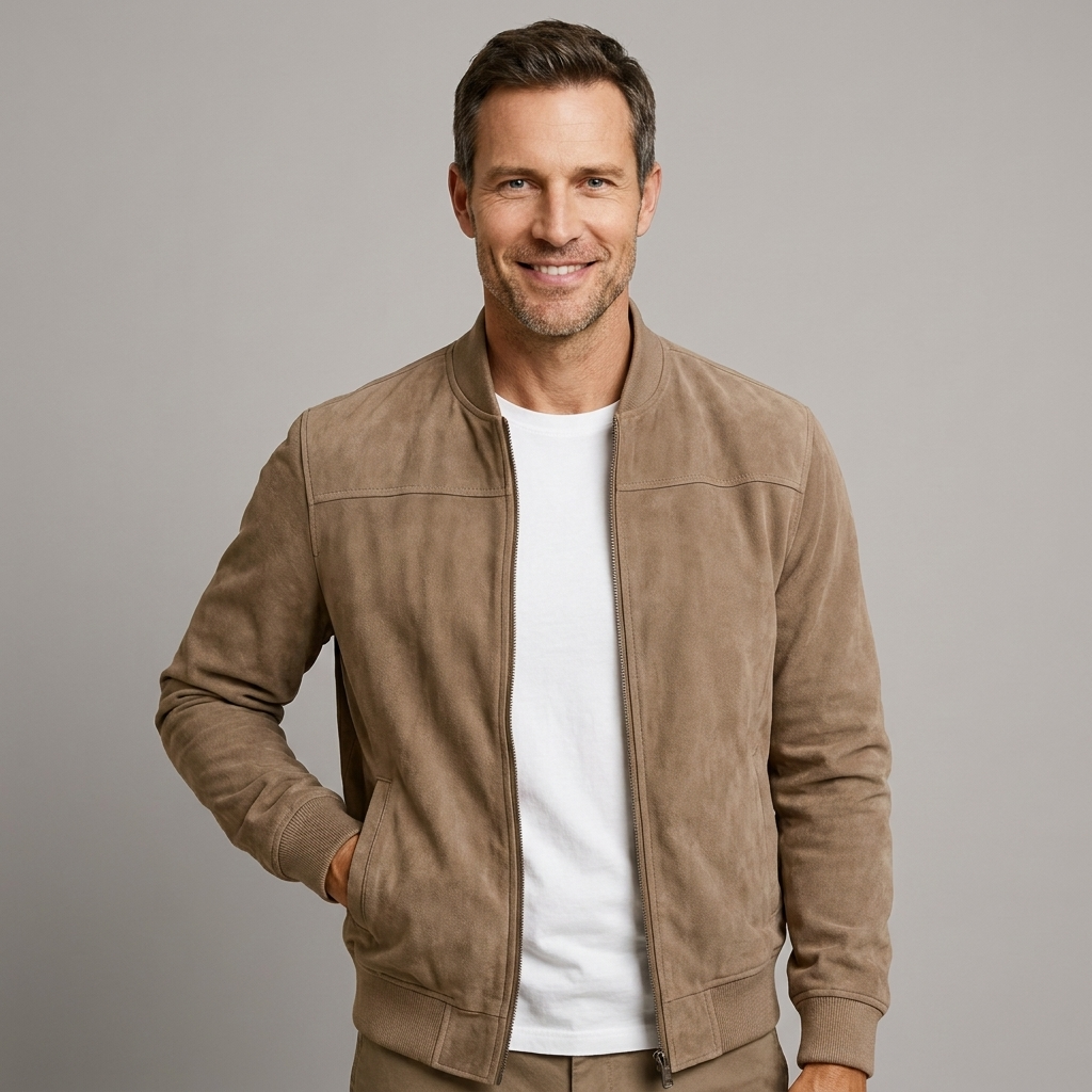 Axel | Men’s Suede Bomber Jacket with Zip Front & Ribbed Trim
