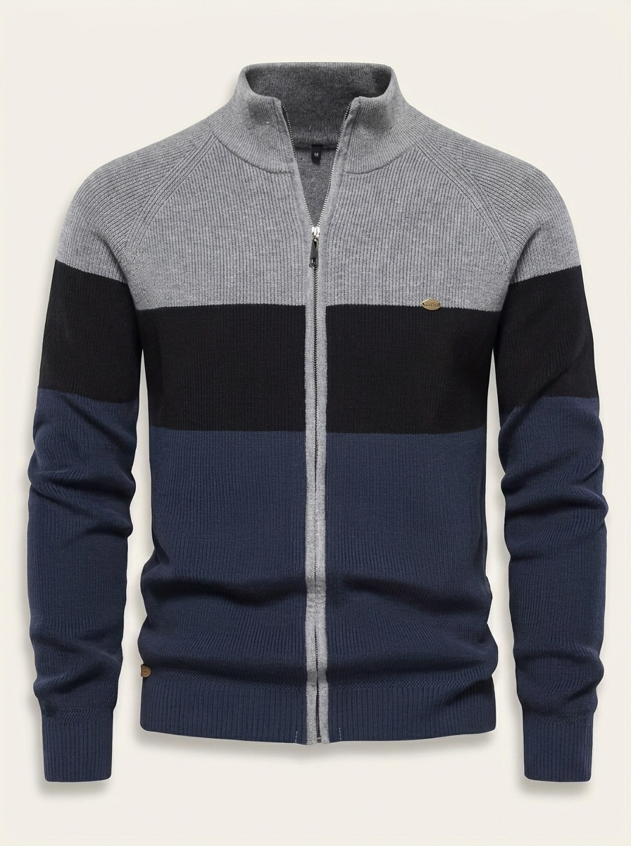Callum | Men’s Colorblock Full-Zip Knit Sweater with Stand Collar