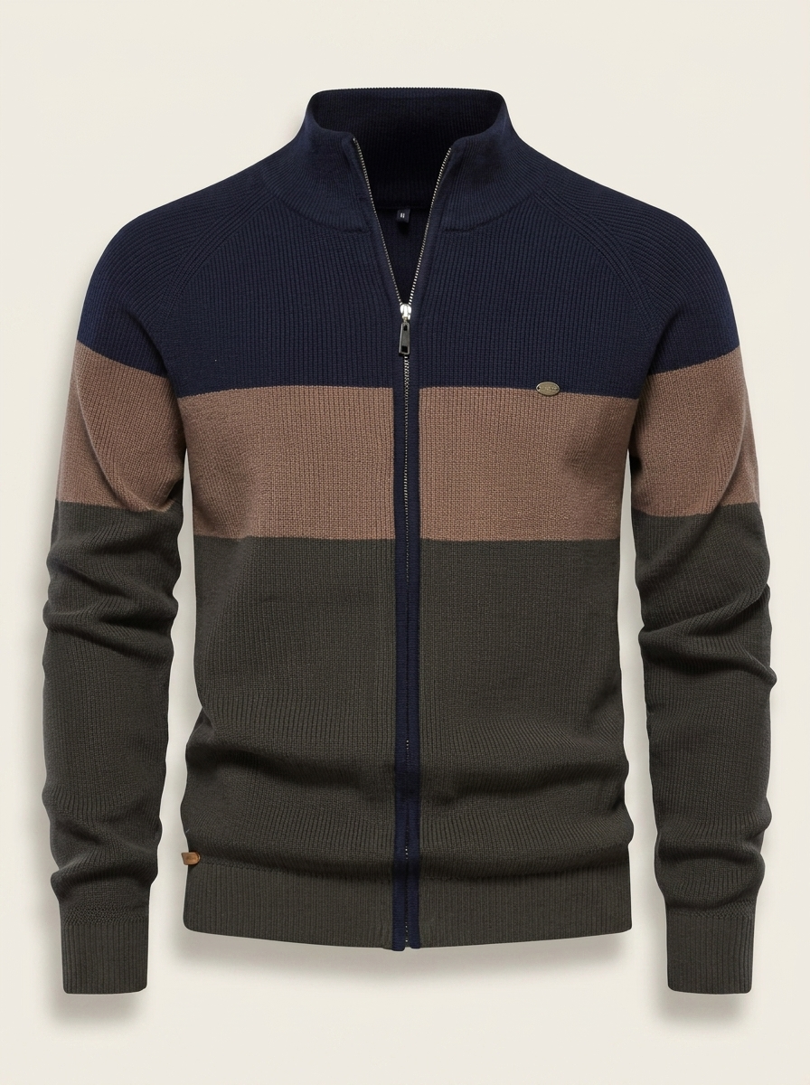 Callum | Men’s Colorblock Full-Zip Knit Sweater with Stand Collar