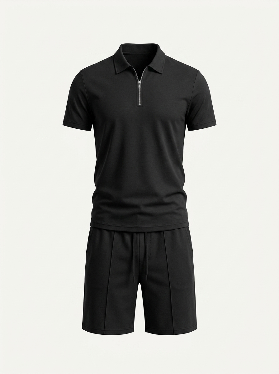 Men's 2-Piece Set - Quarter-Zip Polo Shirt and Drawstring Shorts