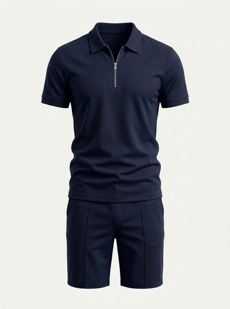 Men's 2-Piece Set - Quarter-Zip Polo Shirt and Drawstring Shorts