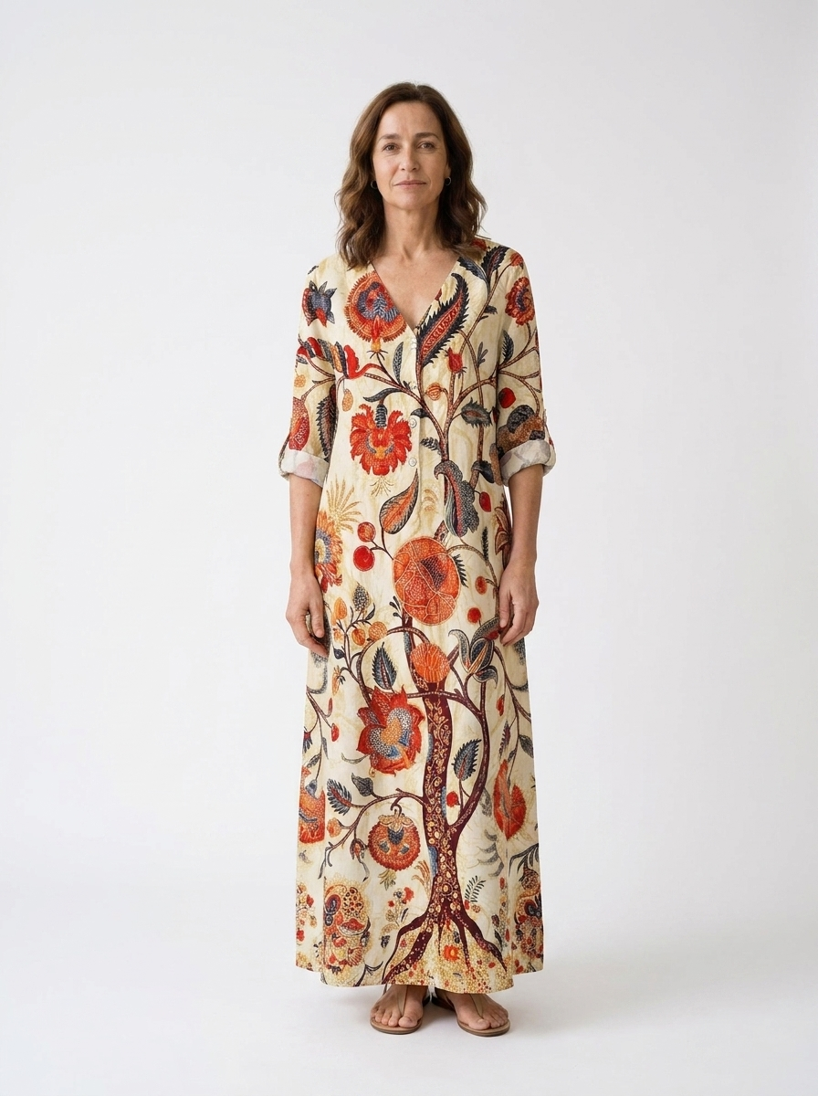 Aria | Women’s Vintage Abstract Linen Dress with Pockets