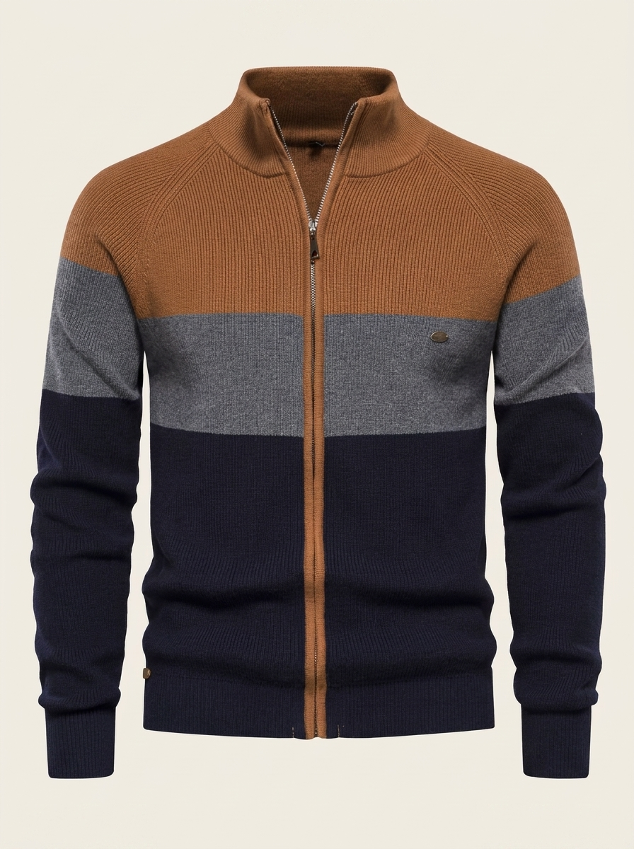 Callum | Men’s Colorblock Full-Zip Knit Sweater with Stand Collar