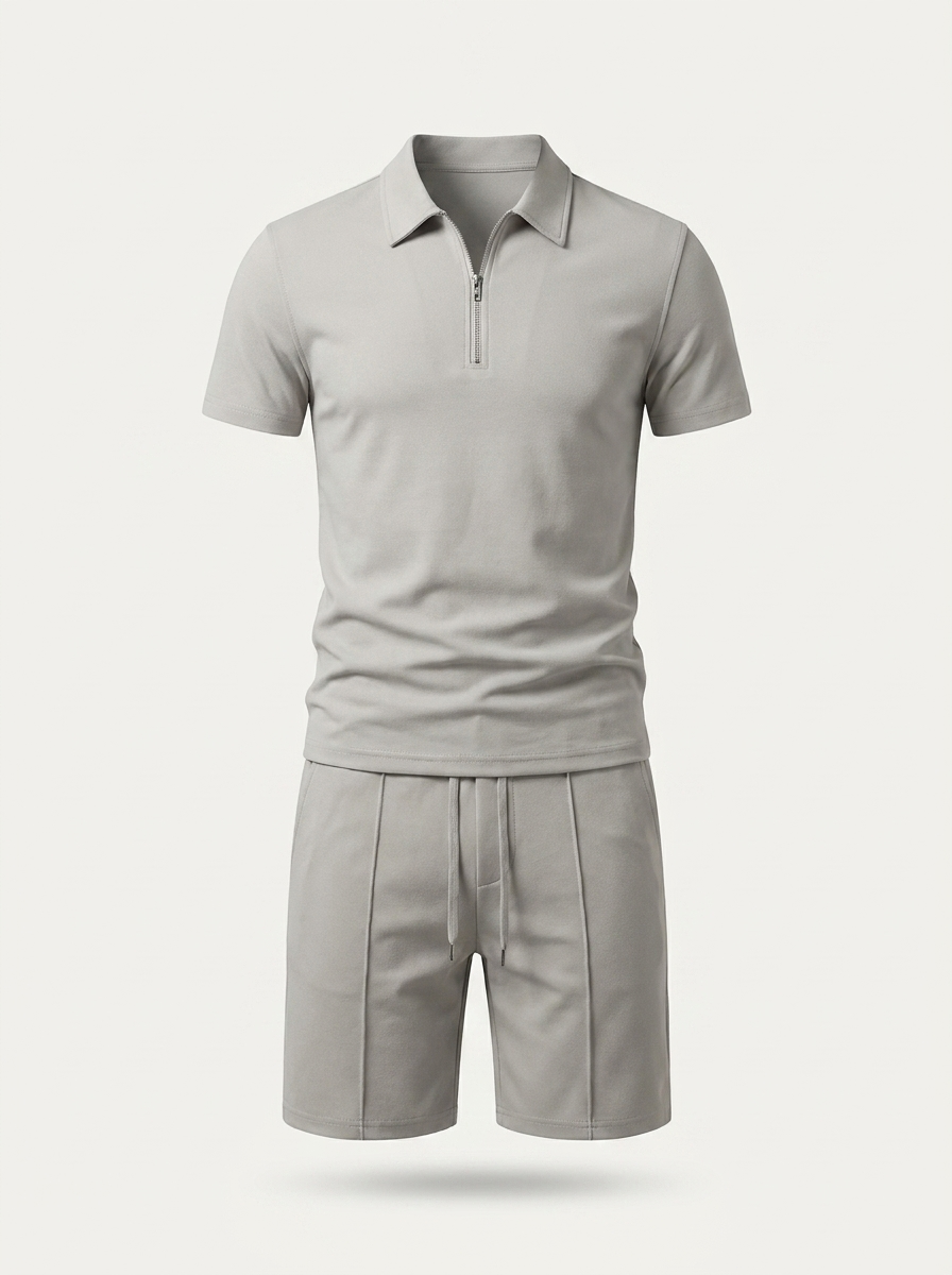 Men's 2-Piece Set - Quarter-Zip Polo Shirt and Drawstring Shorts