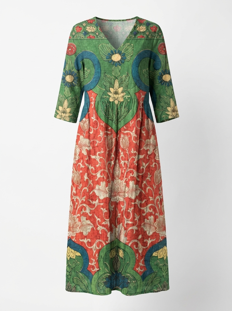 Judith | Women’s Vintage Floral V-Neck Maxi Dress with Long Sleeves