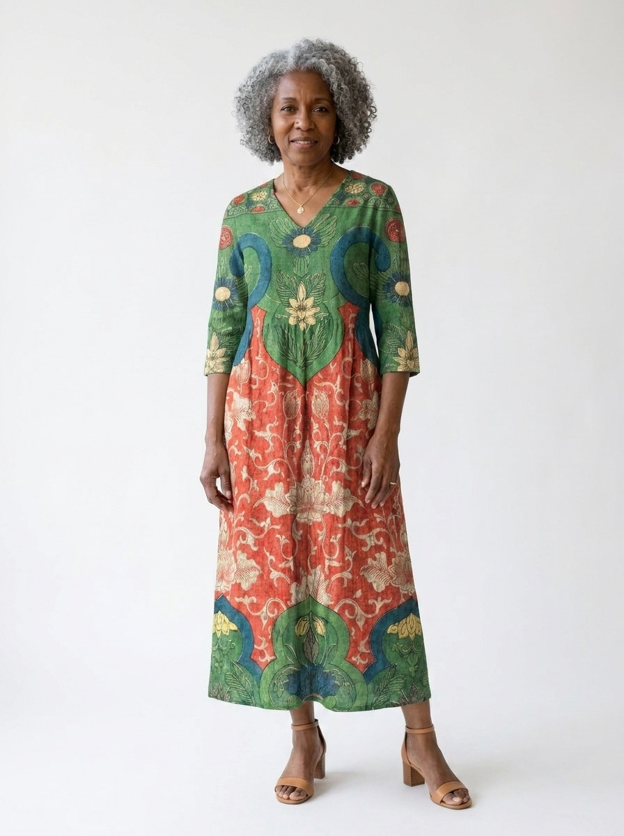 Judith | Women’s Vintage Floral V-Neck Maxi Dress with Long Sleeves