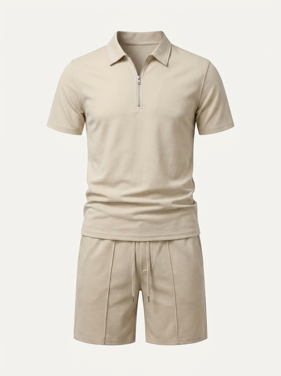 Men's 2-Piece Set - Quarter-Zip Polo Shirt and Drawstring Shorts